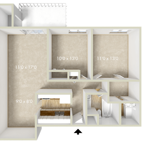 Floor plan for 2 beds, 1.5 baths, 977 sqft